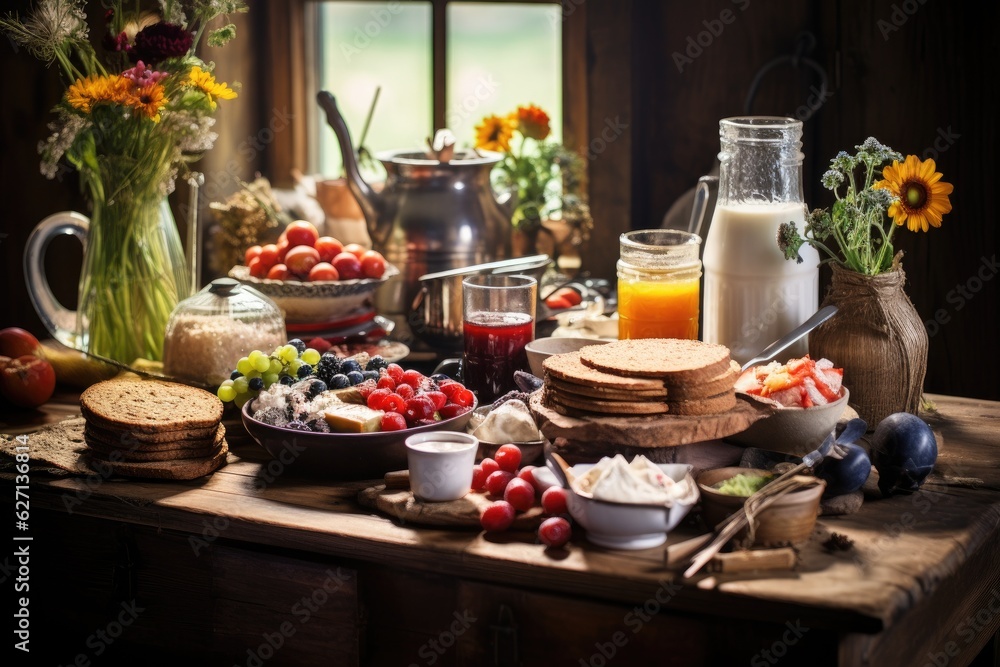 Image of a morning meal meticulously presented on a rustic wooden table within a domestic setting.