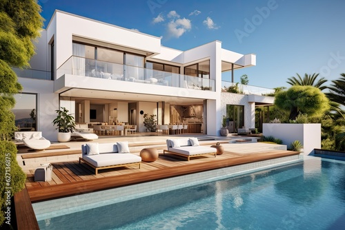 Expensive contemporary mansion with a well-maintained yard, featuring a luxurious swimming pool and a lounge area equipped with cozy sofas and armchairs, all set against a clear blue sky.