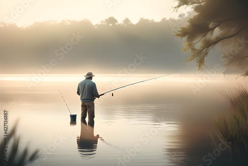 Back view of a lonely dad fishing at a fishing spot