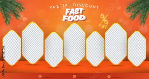 fast food sale discount with landscape template banner and copy space frame for product sale with abstract gradient orange background design