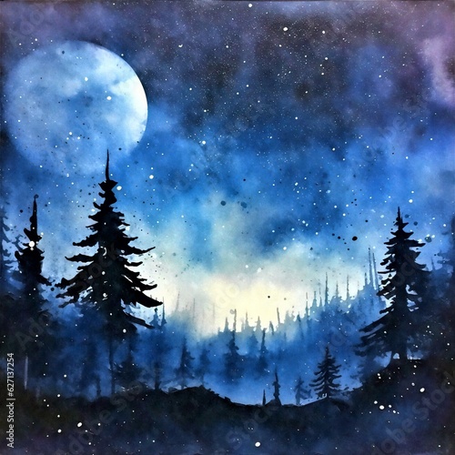 night sky with forest and clouds landscape watercolor