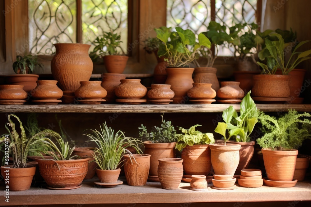 Houseplants and clay pots prepared to be used for new plants in one's residence.