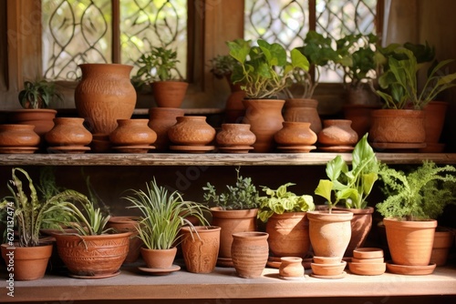 Houseplants and clay pots prepared to be used for new plants in one s residence.