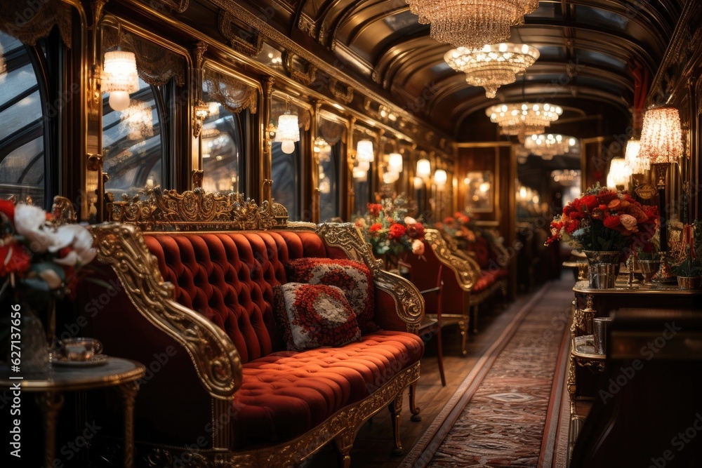 Velvet seats inside a train car in the style of luxury, with a table and windows, light from lamps to illuminate. Generative AI
