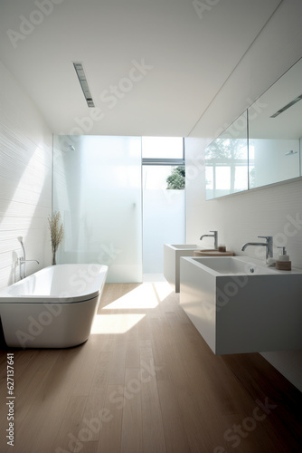 Modern bright bathroom interior with bathtub and large window. Created with Generative AI technology. 