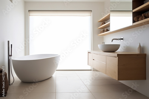 Modern bright bathroom interior with bathtub and large window. Created with Generative AI technology. 