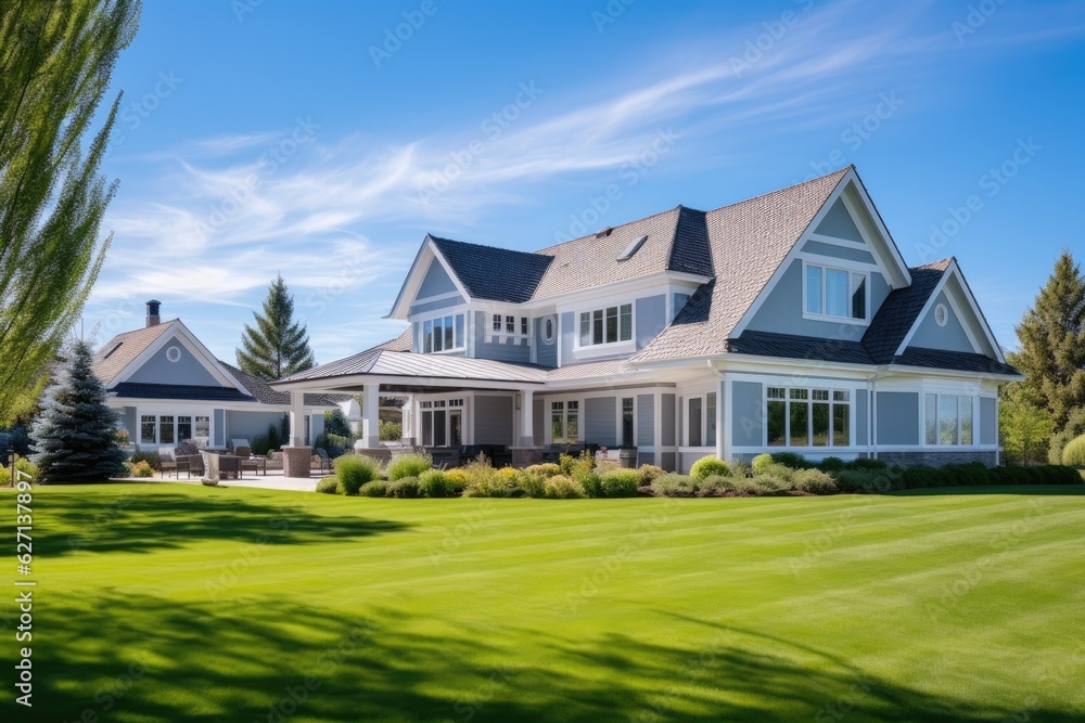 Gorgeous, recently-built house exterior featuring a spacious three-car garage and a lush, green lawn illuminated by the sun on a clear day, adorned with a vibrant blue sky and scattered white clouds.