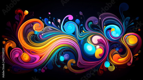Ai artwork of Abstract neon background. Fluorescent swirls glow in a dark space. Fantastic panoramic wallpaper. Energy background. Generative ai.
