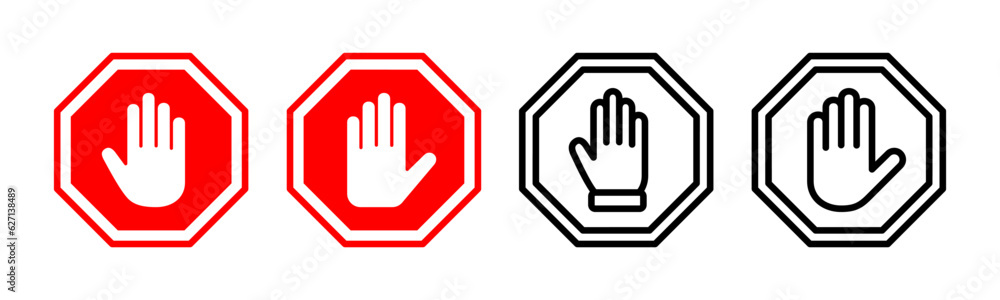 Stop icon set illustration. stop road sign. hand stop sign and symbol. Do not enter stop red sign with hand Stop icon set illustration. stop road sign. hand stop sign and symbol. Do not enter stop red sign with hand