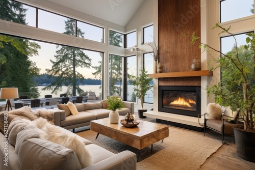Gorgeous interior design of a living room in a new luxurious home featuring hardwood floors and a fireplace. The room is illuminated by a spacious bank of windows, offering a glimpse of the beautiful