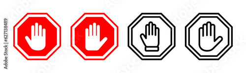 Stop icon set illustration. stop road sign. hand stop sign and symbol. Do not enter stop red sign with hand