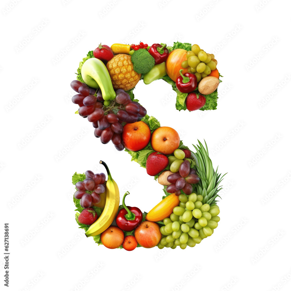 Alphabet or letter s from fresh vegetables and fruits