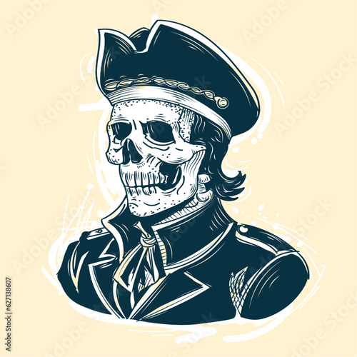 Hand drawn scull in tricorn admiral hat and vintage military uniform, pirates mascot