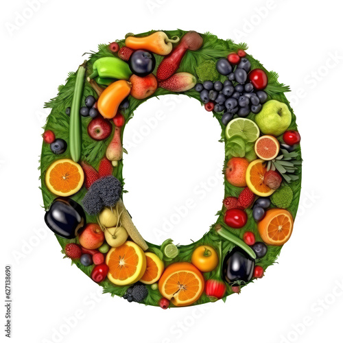 Alphabet or letter o from fresh vegetables and fruits