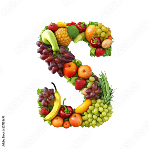 Alphabet or letter s from fresh vegetables and fruits