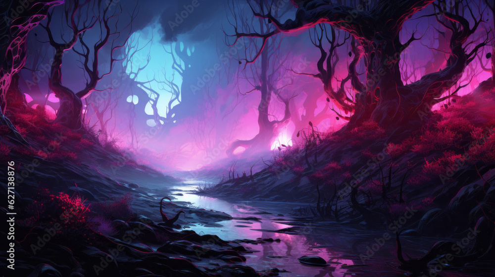 Ai artwork of a fairy tale forest glowing in neon light and colors. Generative ai.