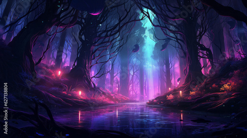 Ai artwork of a fairy tale forest glowing in neon light and colors. Generative ai.