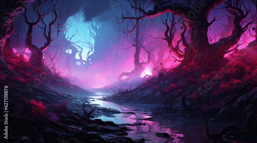 Ai artwork of a fairy tale forest glowing in neon light and colors. Generative ai.