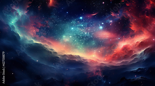 Ai artwork of a fictional space and galaxy scene with clouds of gas and neon colors. Generative ai.