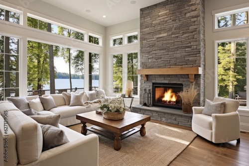 Gorgeous living room design in a recently built luxurious home, featuring beautiful hardwood floors and a cozy fireplace. A generous array of windows gives a sneak peek of the stunning outdoor scenery