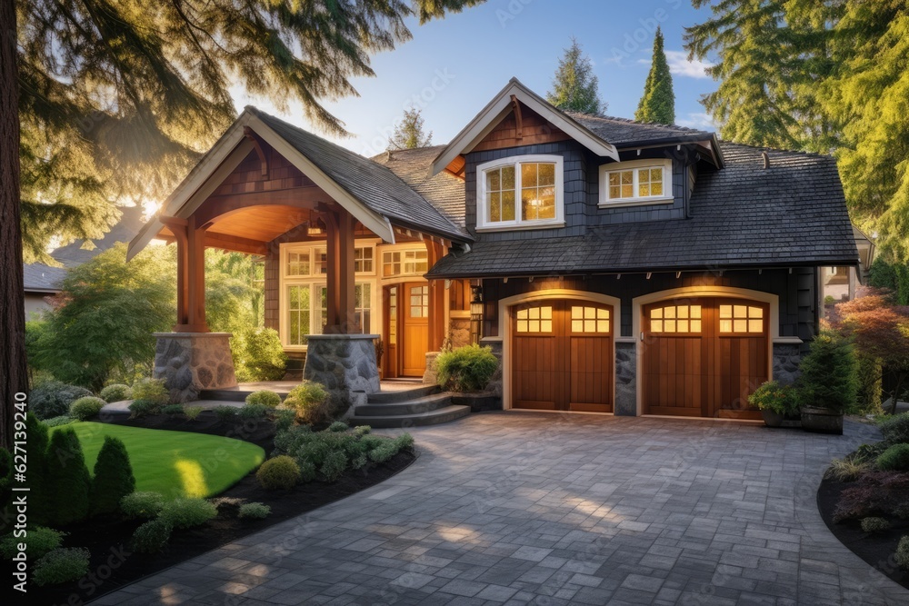 Gorgeous craftsman style home, custom-made with a three-car garage and stunning wooden doors. The yard is adorned with vibrant spring foliage, creating a picturesque landscape with sunlight casting