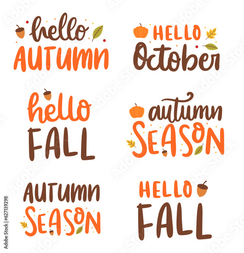 A set of handwritten stickers for the slogans of the autumn season. Fall phrases design elements. Collection of fall phrases, isolated