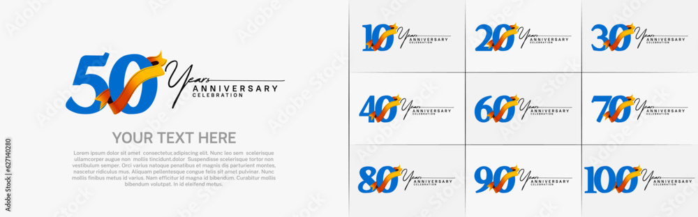 set of anniversary logo with blue number and orange ribbon can be use for celebration set of anniversary logo with blue number and orange ribbon can be use for celebration