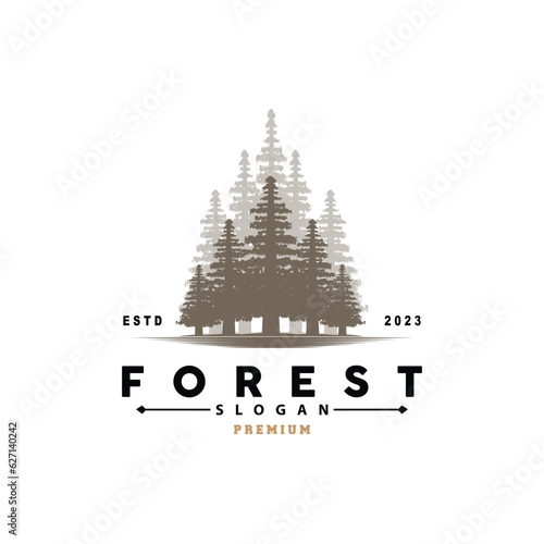 Forest Logo, Vector Forest Wood With Pine Trees, Design Inspirational Badge Label Illustration