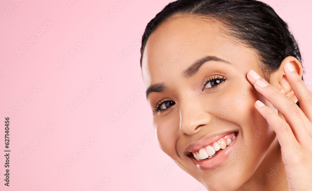Skincare mockup, beauty and portrait of woman in studio for wellness, facial treatment and cosmetics. Dermatology, spa and female person touching face for health, glow and shine on pink background