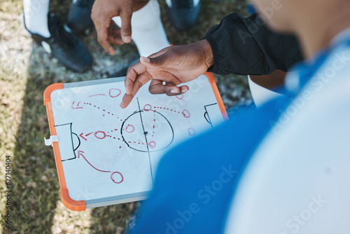 Hands, soccer team or coach planning a strategy with tactics or training formation on sports field. Board, fitness or closeup of manager teaching football players a game plan for match or workout