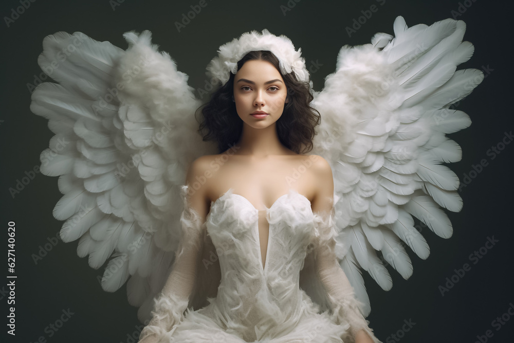 Φωτογραφία Caucasian girl angel is believed to possess supernatural powers, exuding an aura of serenity and wisdom, captured in this silver beige and white artwork by Generative AI