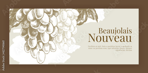 Vector vintage banner with two big hand drawn grape bunches. Wine festival invitation. Creative flyer layout. Monochrome rough shaded art. Retro style hatched element. Detailed natural pencil sketch.