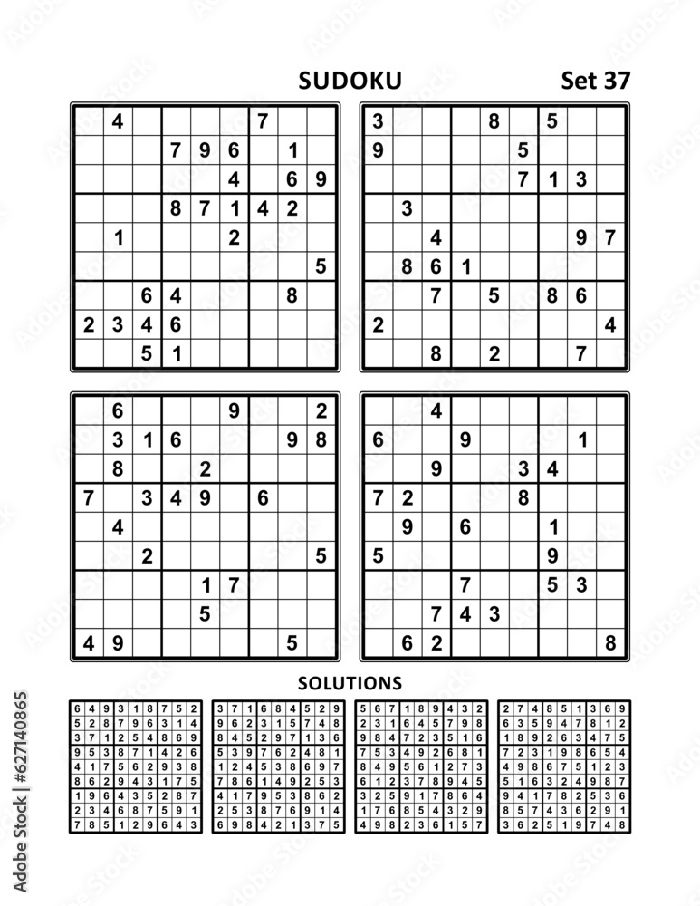 Four sudoku puzzles of comfortable (easy, yet not very easy) level. Set 37. Answer included.
Four sudoku puzzles of comfortable (easy, yet not very easy) level. Set 37. Answer included.