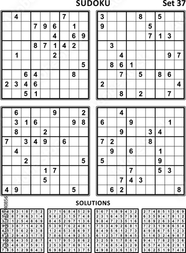 Four sudoku puzzles of comfortable (easy, yet not very easy) level. Set 37.  Answer included.
