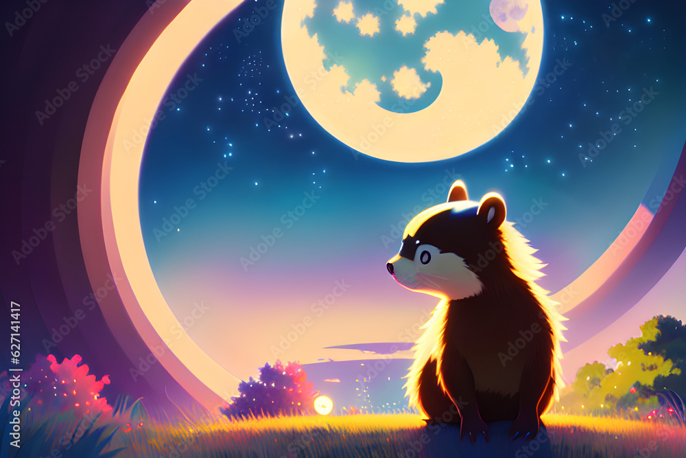 cute beaver under the moonlight Generative AI