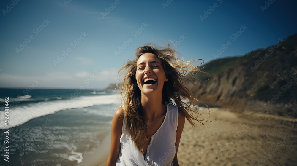 Beautiful young woman laughing on the beach. Smiling happy girl enjoying a sunny day. Happiness, freedom, carefree concept. Generative AI.