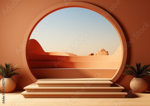 Round wooden saw cut cylinder shape on beige background abstract background. product podium with architecture columns on warm tone. AI Generative