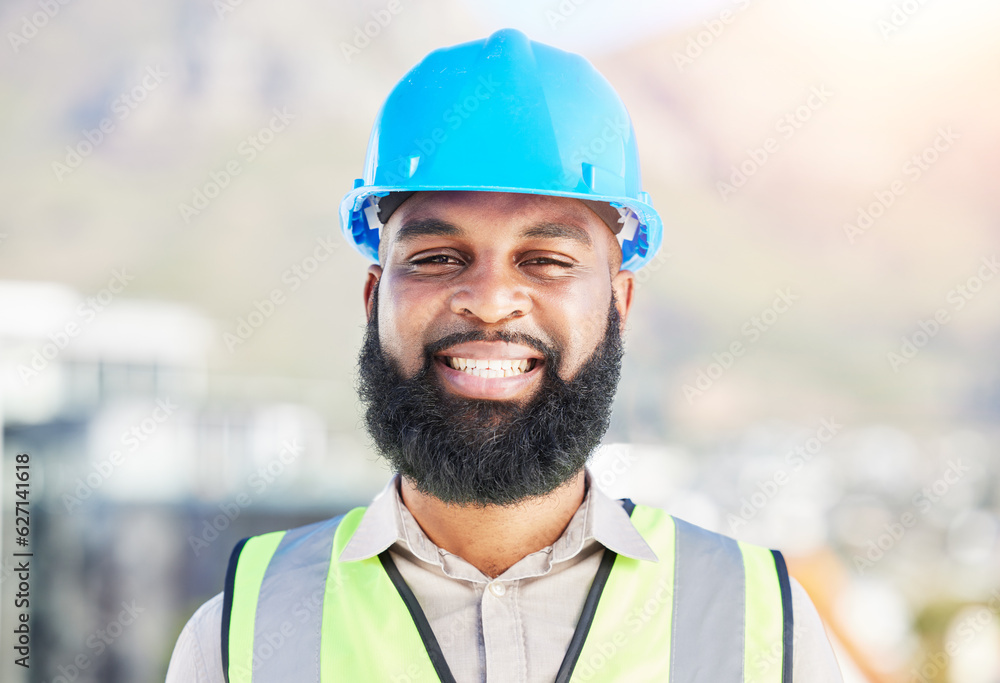 Happy black man, portrait and architect in city for professional construction or career ambition on site. Face of African male person, engineer or contractor smile for industrial architecture on roof Happy black man, portrait and architect in city for professional construction or career ambition on site. Face of African male person, engineer or contractor smile for industrial architecture on roof