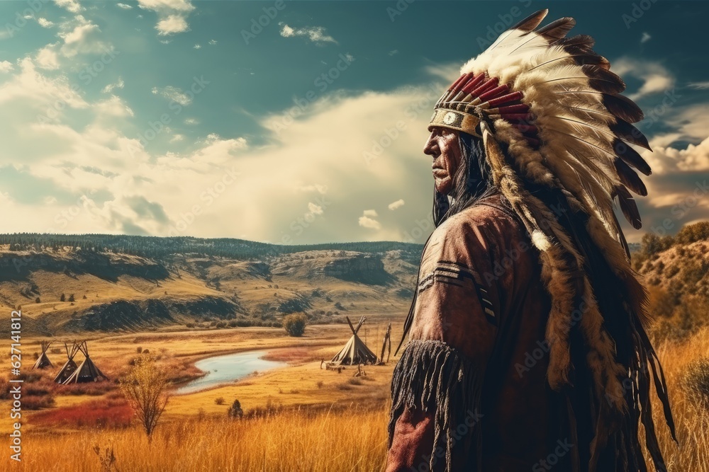Fototapeta premium Native American man from the back observing the landscape. Native American Indian on blurred background, Generative AI