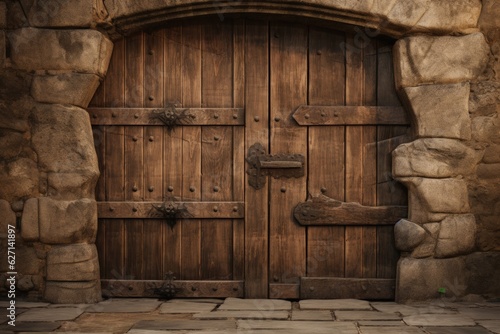 Wooden door and metal locks on the dungeon wall, castle door, Generative AI
