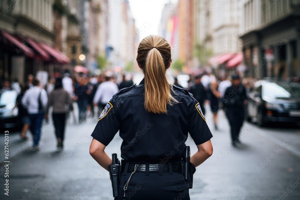 Female police officer seen from behind in busy American city street, US female police officer, Generative AI Female police officer seen from behind in busy American city street, US female police officer, Generative AI