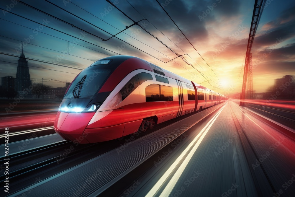 Red metro at high speed passing through the city, suburban train, Generative AI
Red metro at high speed passing through the city, suburban train, Generative AI
