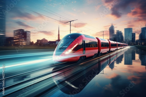 Red metro at high speed passing through the city, suburban train, Generative AI 