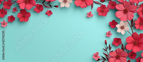 Blue background with pink flowers on the edges  blue background with empty space in the middle and flowers on the sides  Generative AI