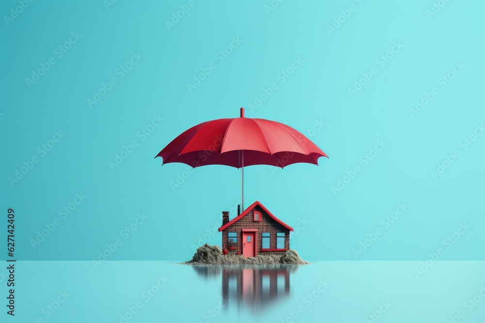 House with red umbrella on blue background, home insurance concept, Generative AI