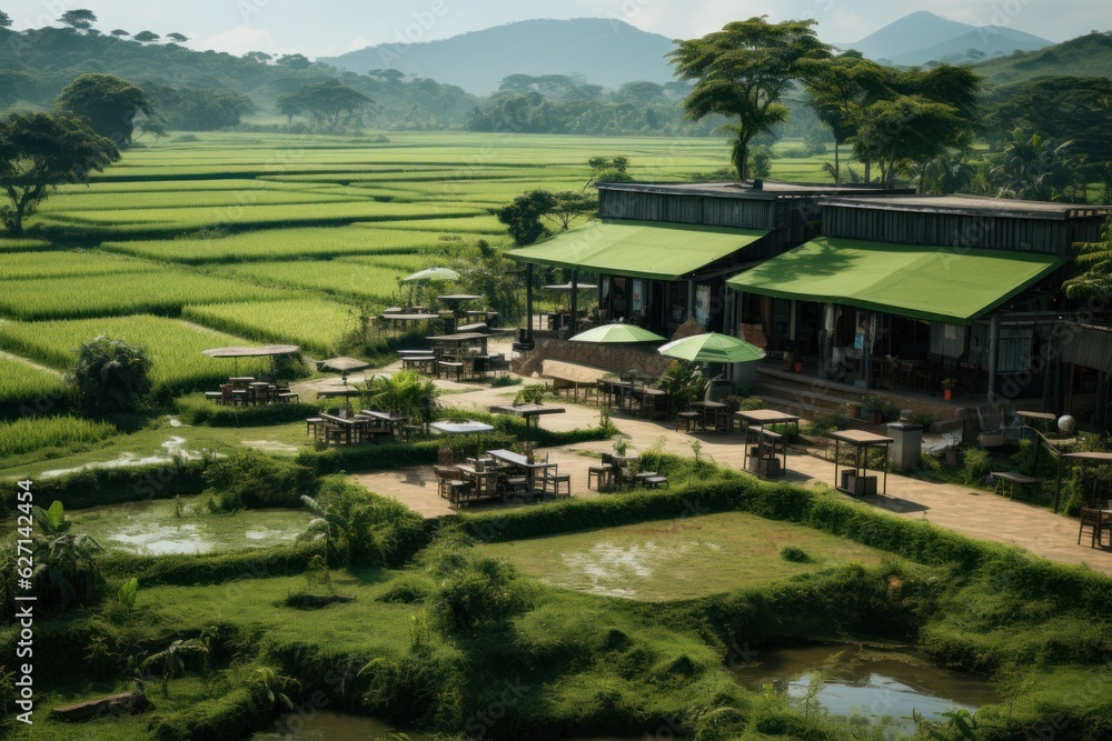 Coffee shop cafe in the middle of green rice fields in Vietnam Stock ...