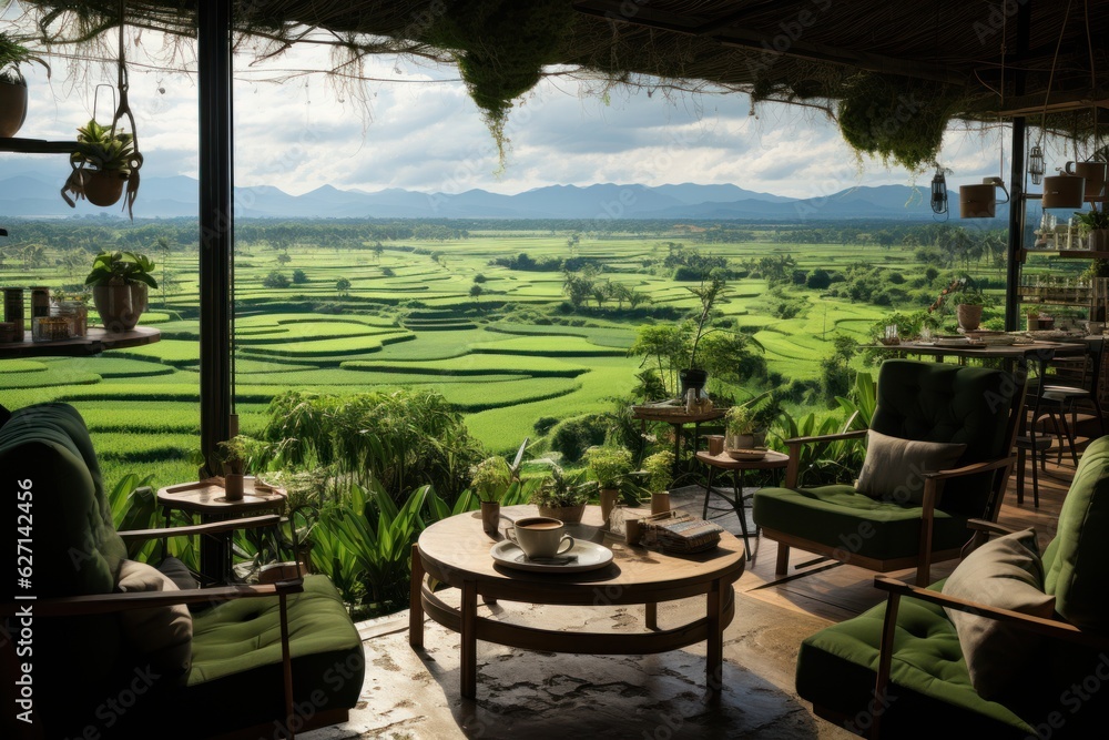 Fototapeta premium Coffee shop cafe in the middle of green rice fields in Vietnam
