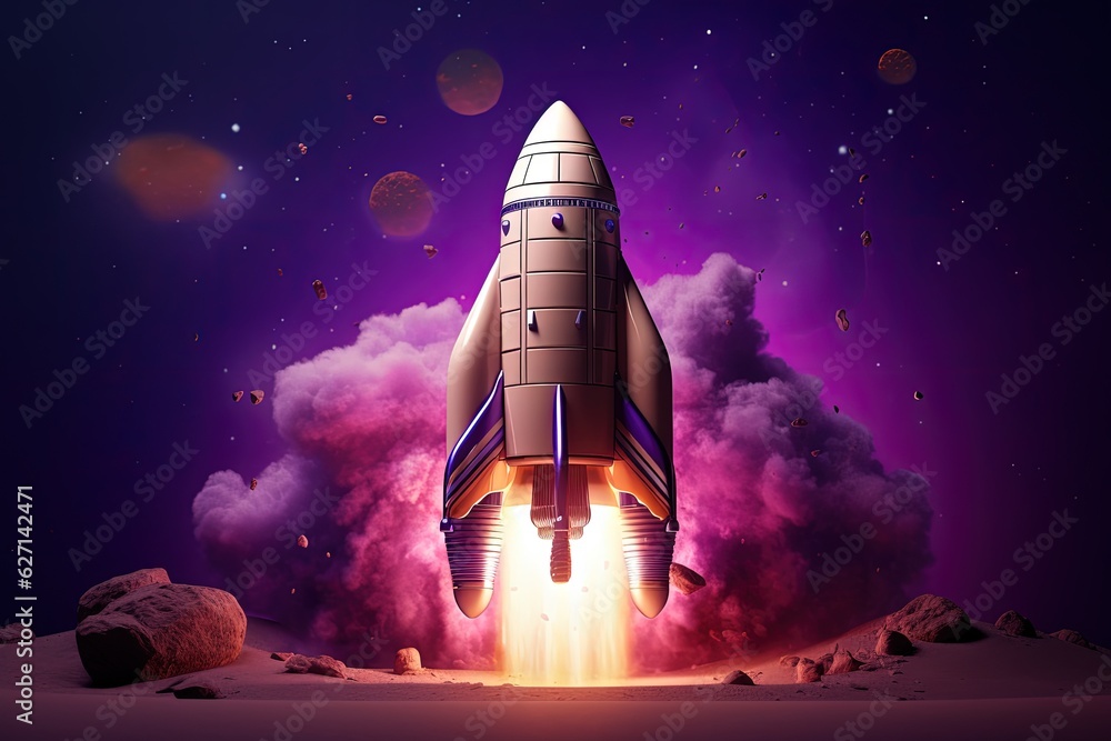 Purple rocket  taking off in purple scenery, Generative AI