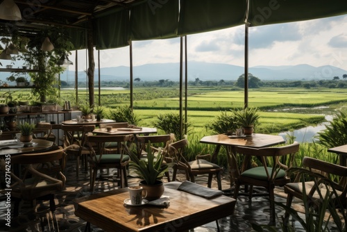 Coffee shop cafe in the middle of green rice fields in Vietnam