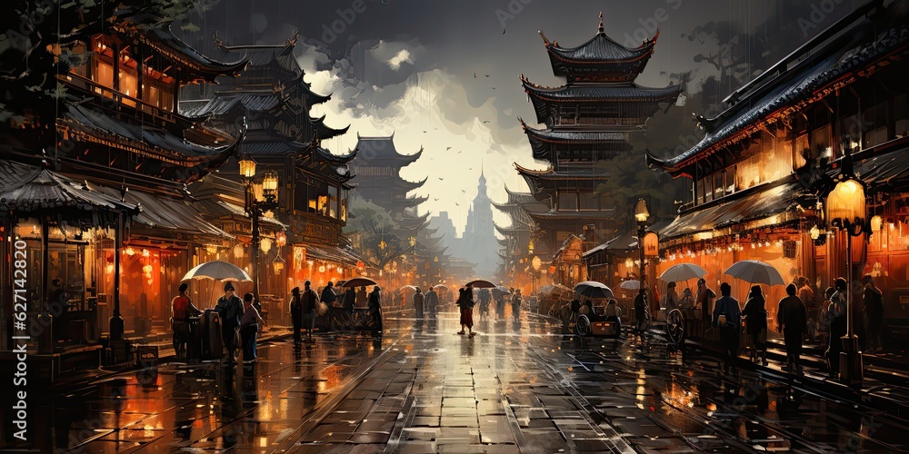 Naklejka premium ancient Chinese night market street, oil painting, generative AI